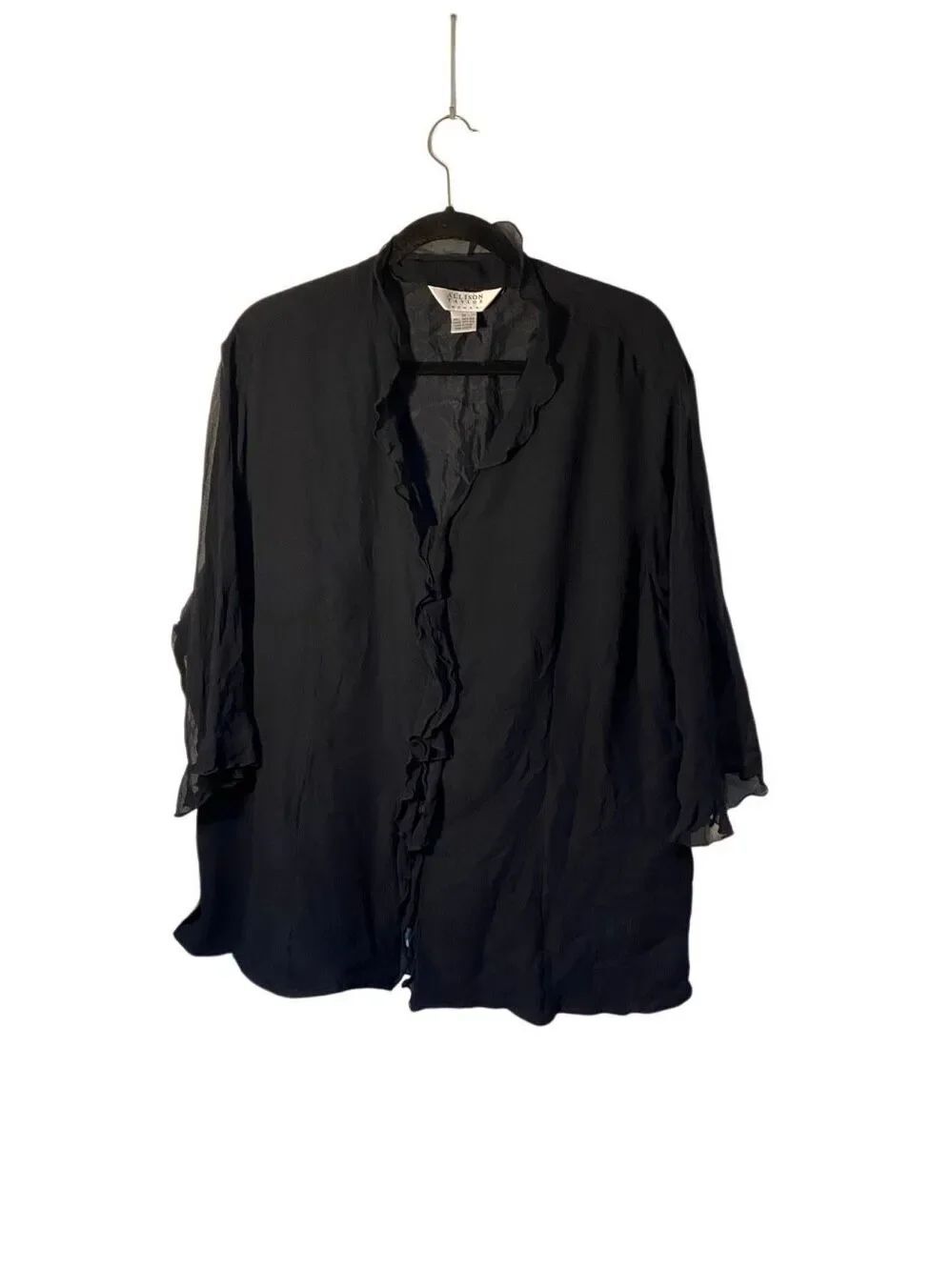 VTG Allison Taylor, 100% silk black, sheer ruffle front blouse 3X